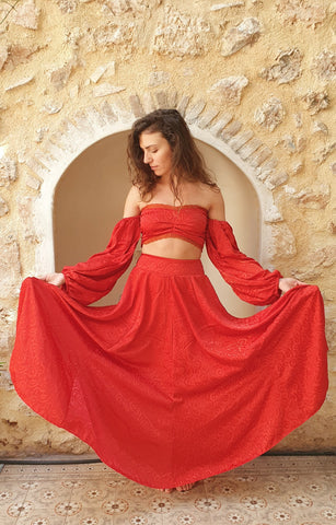 SET Saraswati - Skirt with Baloon Top - Red