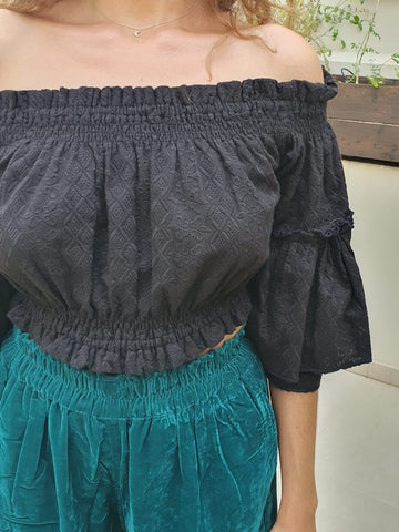 Nyx Set: Black Cotton Top - Velvet Pants - Turquoise