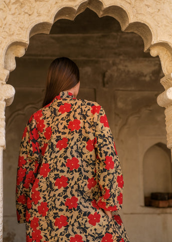 Vintage Jacket Kimono - Beige/Red Cotton